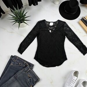 No Boundaries Black Lace Long Sleeve Top Criss Cross V Neck Blouse Size M